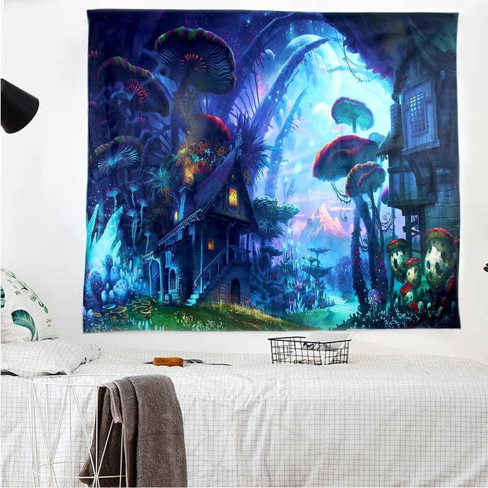 Large Trippy Psychedelic Mushroom Hut In The Forest Tapestry Wall Art Hanging - Picture 4 of 11